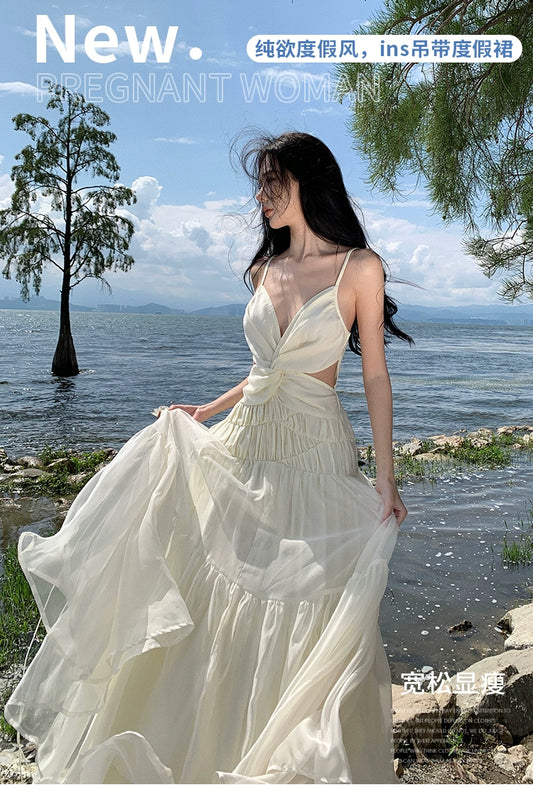 Fashion women's wear Tea Break French Advanced Sexy Backless Spaghetti Straps Dress Fairy Lady Super Fairy Gorgeous Seaside Vacation Beach Dress