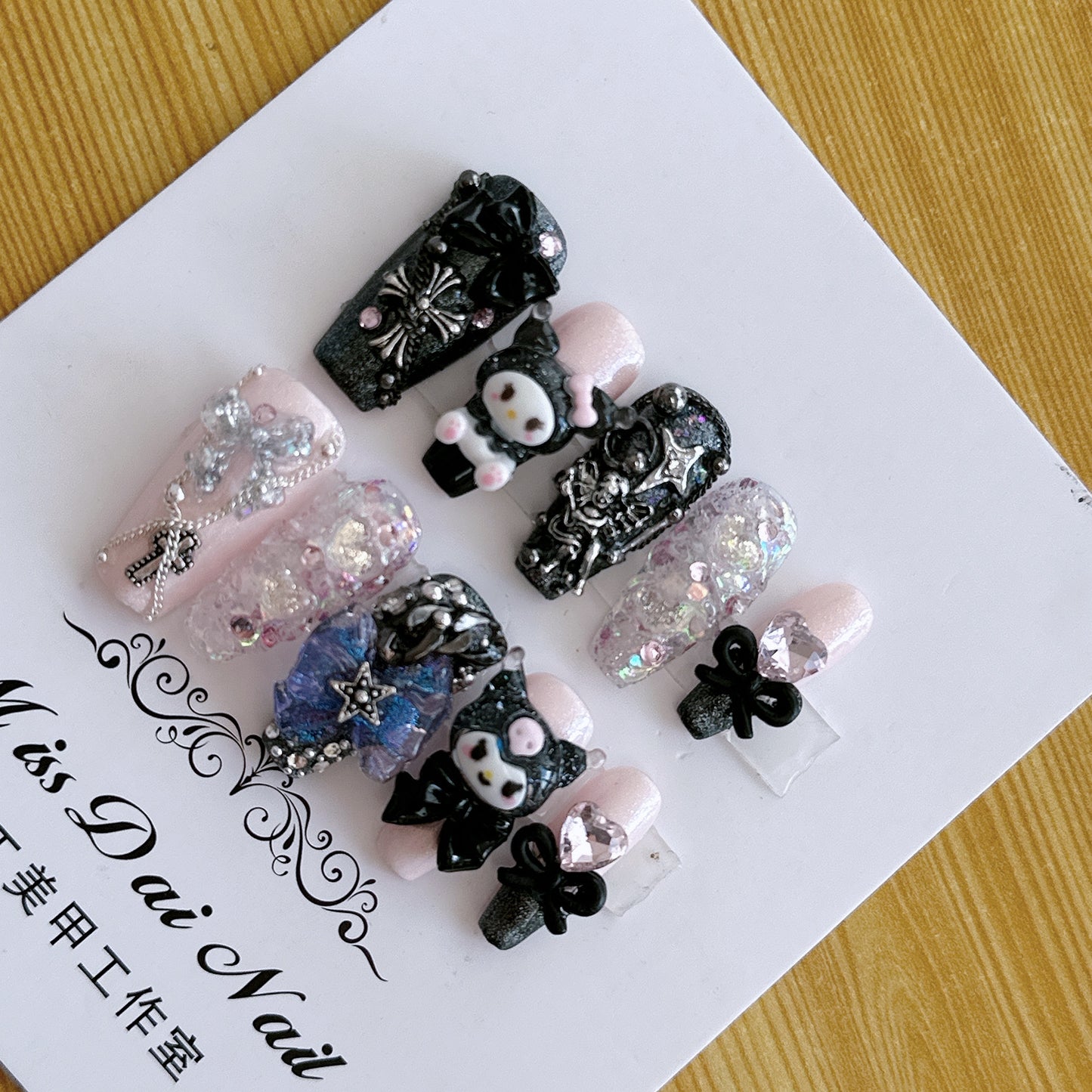 (Hand-Made Nail) Hand-Worn Nail Pink Black Hot Girl Sweet Cool Coolomi Bow Nail Stickers Finished Product Wholesale