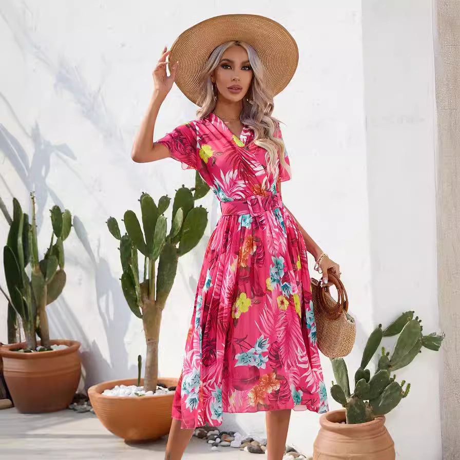 Fashion women's wear 2024  Women's Clothing   Cross-Border Summer Printing Crumpled Mid-Length Short Sleeve Dress