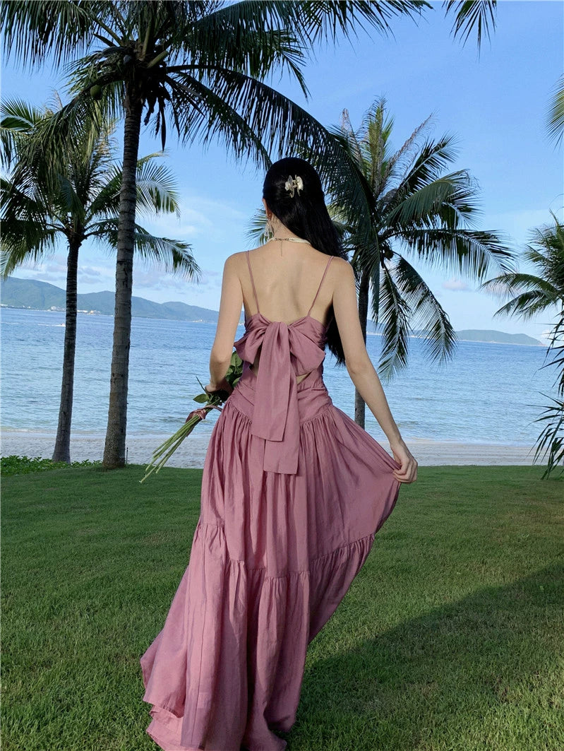 Fashion women's wear Beautiful Dopamine Special-Interest Design Lace-up Pleated Backless Vacation Style Sling Dress High-Grade Sense Temperament Long Dress