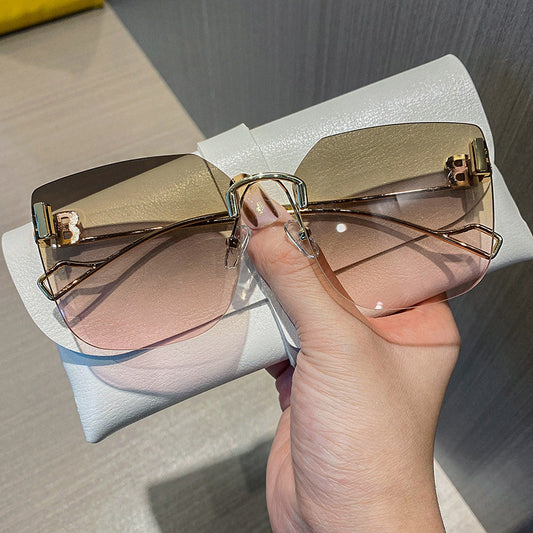 Women's fashion glasses 2022新款跨境B家无框切边太阳镜女时尚网红金属大框墨镜太阳眼镜