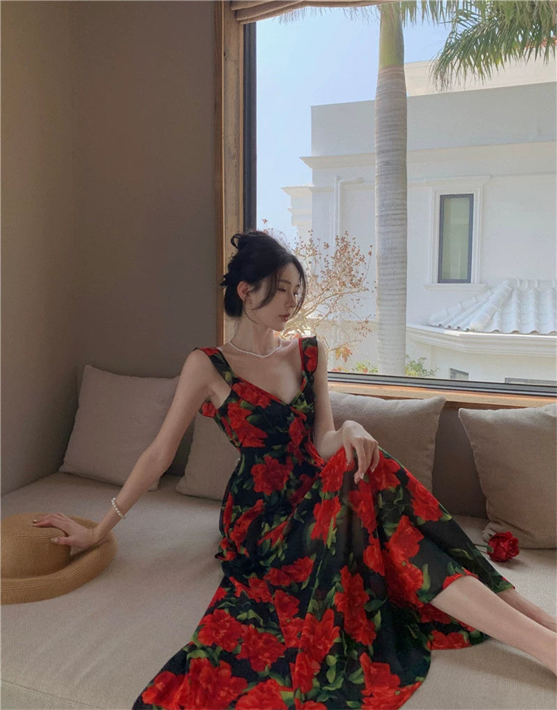 Fashion women's wear French Retro Tea Break Sling Ankle-Length Dress Women's Summer Seaside Holiday V-neck Rose Backless Slimming Dress