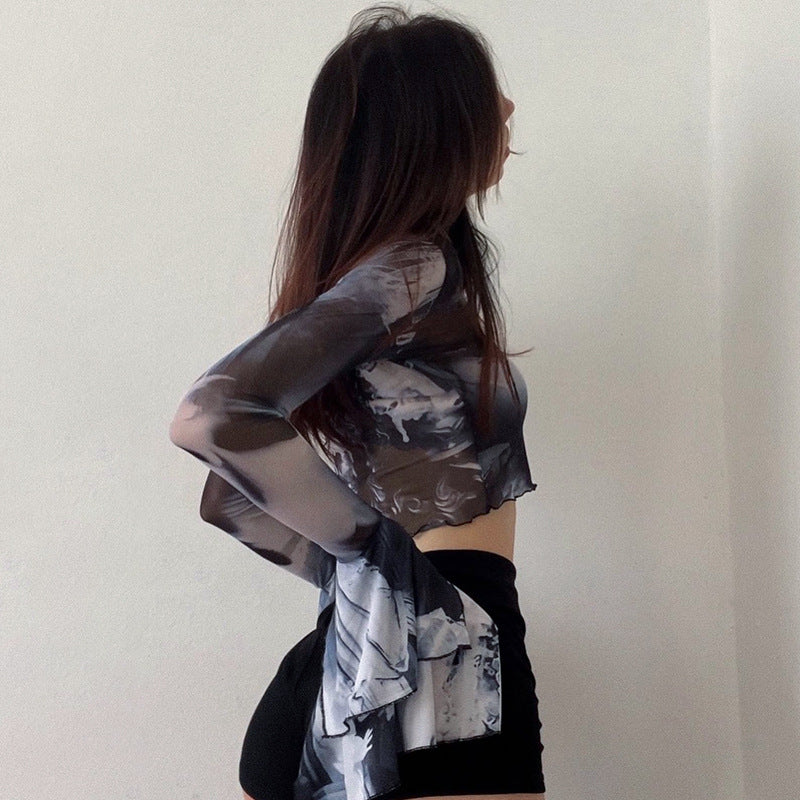 Fashion women's wear Q22tp146 Summer New 2024 Printed round Neck Pullover Horn Long Sleeves Cropped Casual   Women's Clothing Top
