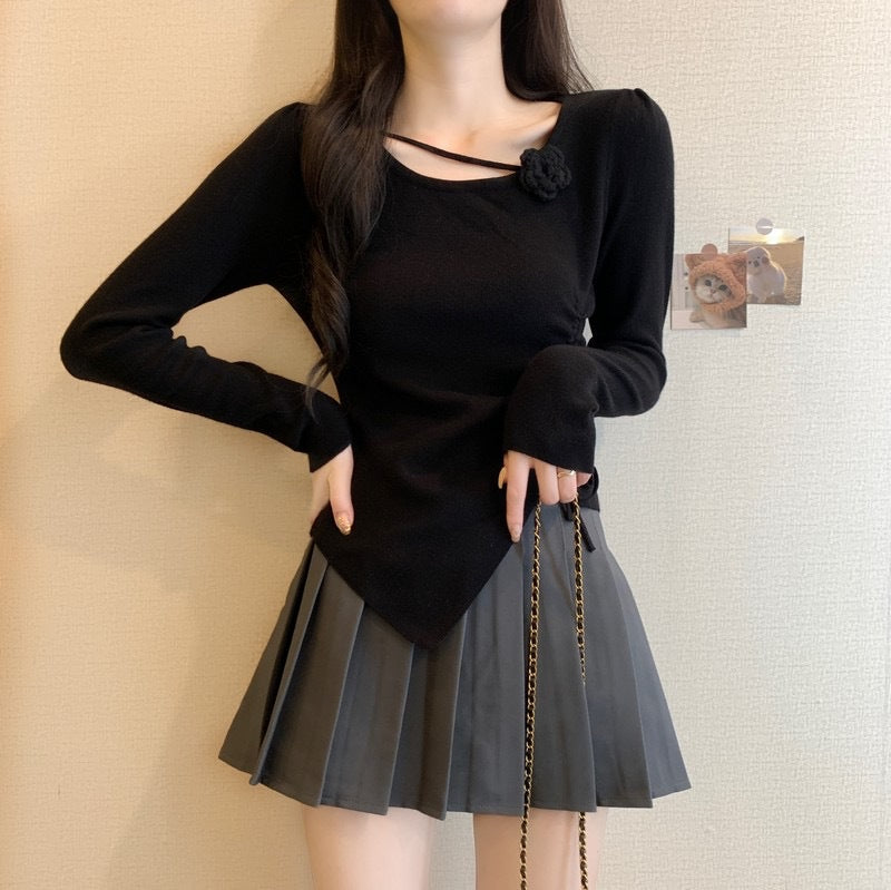 Dopamine tops Free shipping Tattoo Design sense dopamine red three-dimensional flower long-sleeved knitted sweater women's autumn and winter side drawstring outer top women