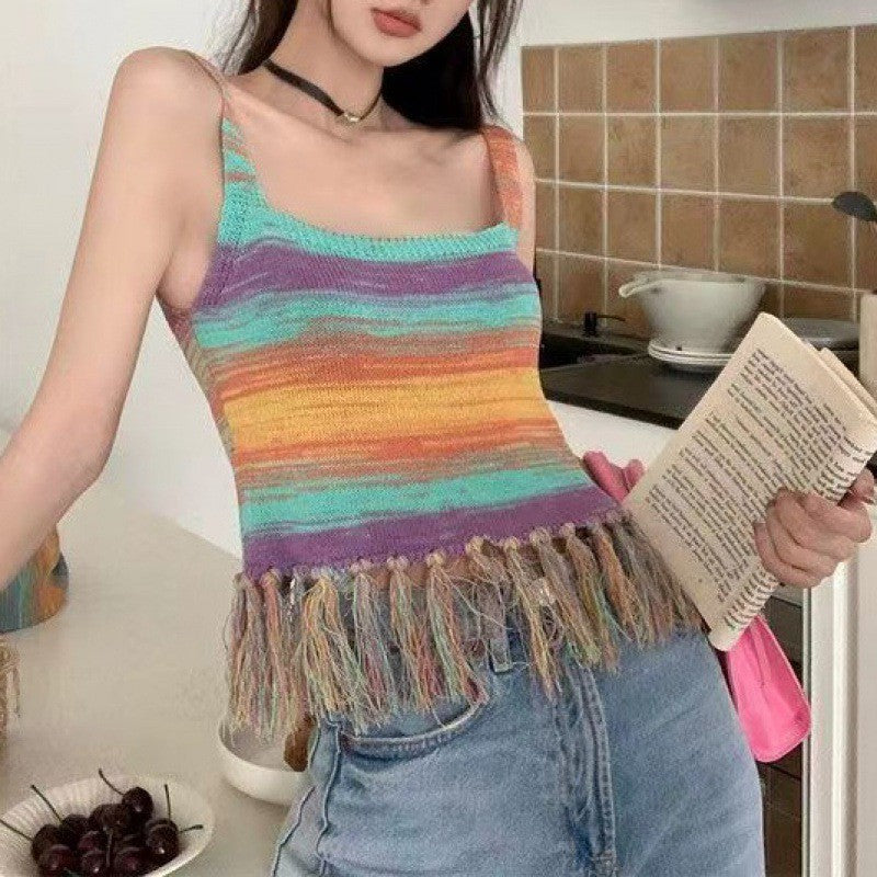 Dopamine dress Free shipping Tattoo Dopamine Sweet Girl Suit Girl Wear Summer Skirt A Complete Set of Fringed Sweet Wind Knitted Suspender Long Dress