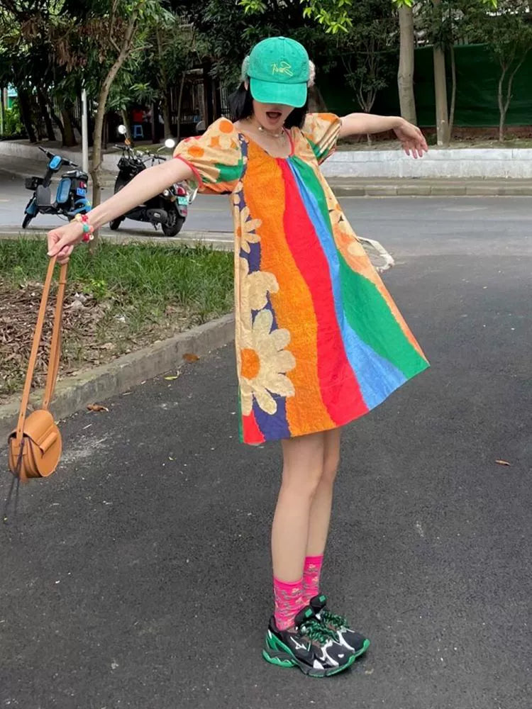 Dopamine dress Free shipping Tattoo Large Size Women's French Rainbow Stripe Dress Summer Fat MM Loose 150kg Skinny Dopamine Doll Dress