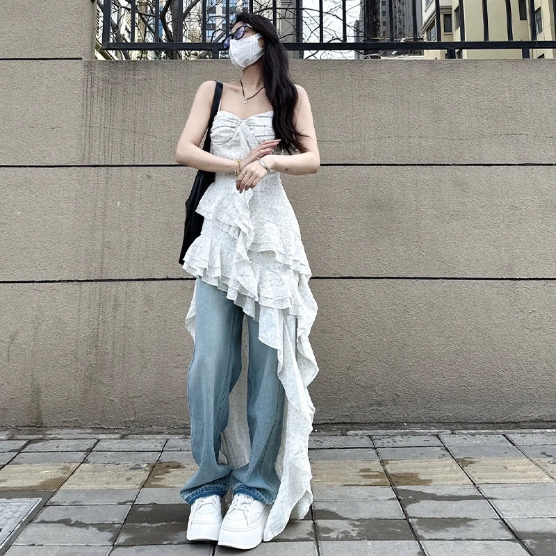 Fashion women's wear Seaside Vacation Style Tea Break French Strap Long Skirt Niche Design Irregular Ruffled Waist-Tight Dress