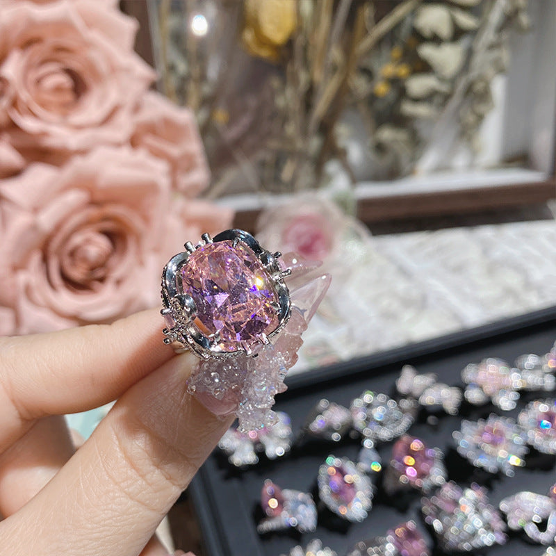 山茶璀璨粉色爱心轻奢公主戒指女 精工镀18K蝴蝶结阿斯切粉锆指环