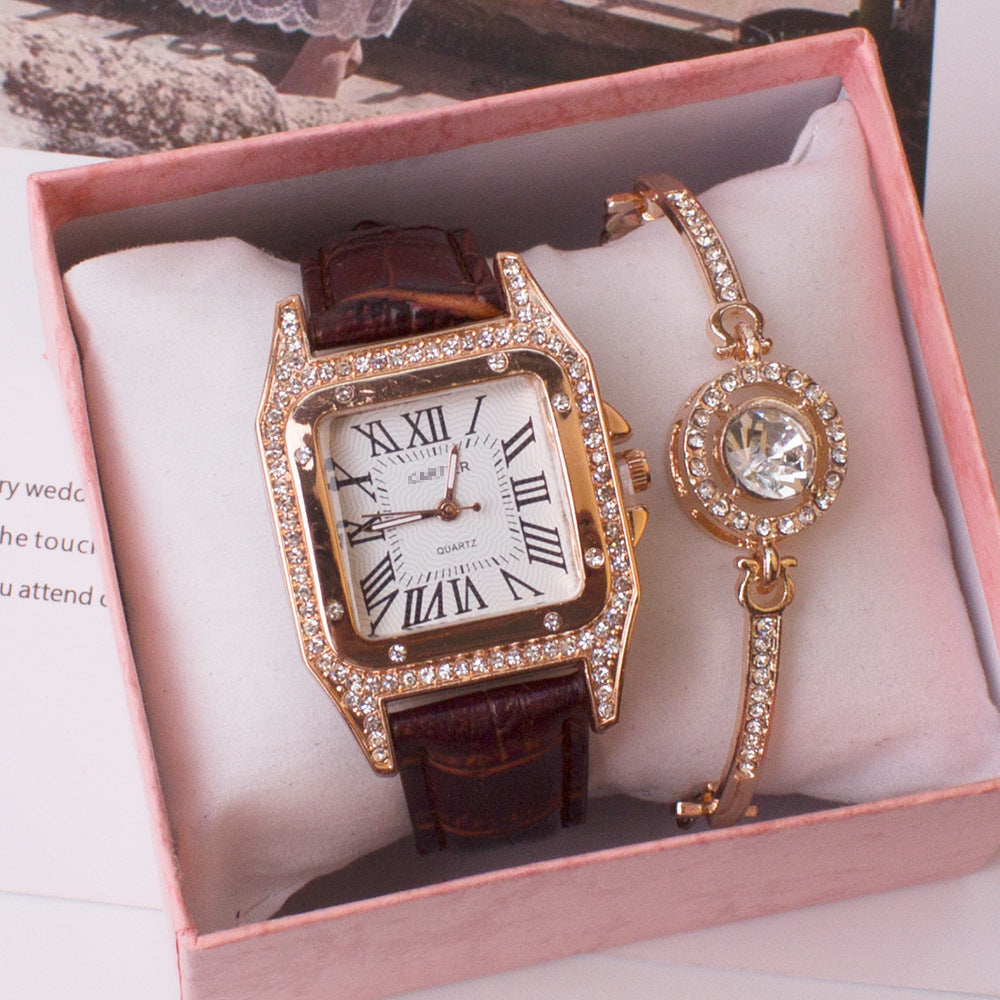 Fashion women's watchWeChat Hot-Selling Square Watch Cross-Border Foreign Trade Rhinestone Women's Roman Two-Piece Set Gift Casual Quartz Women's Watch