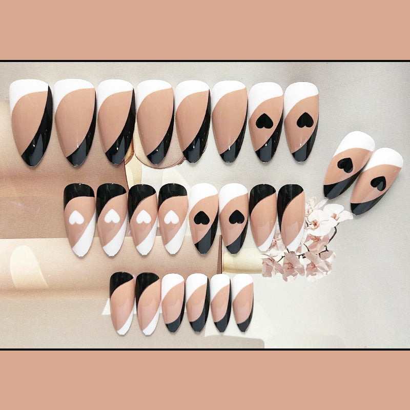 黑白爱心穿戴甲法式nails 跨境美甲片外贸假指甲长尖甲型美甲贴片