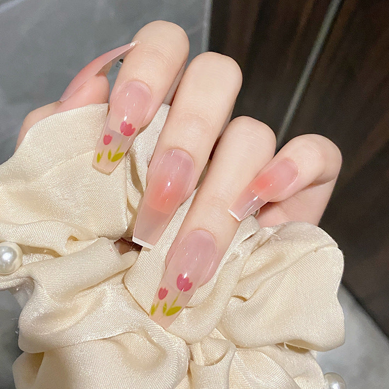 腮红郁金香穿戴甲法式指甲贴片温柔美甲片假指甲美甲贴片成品甲片