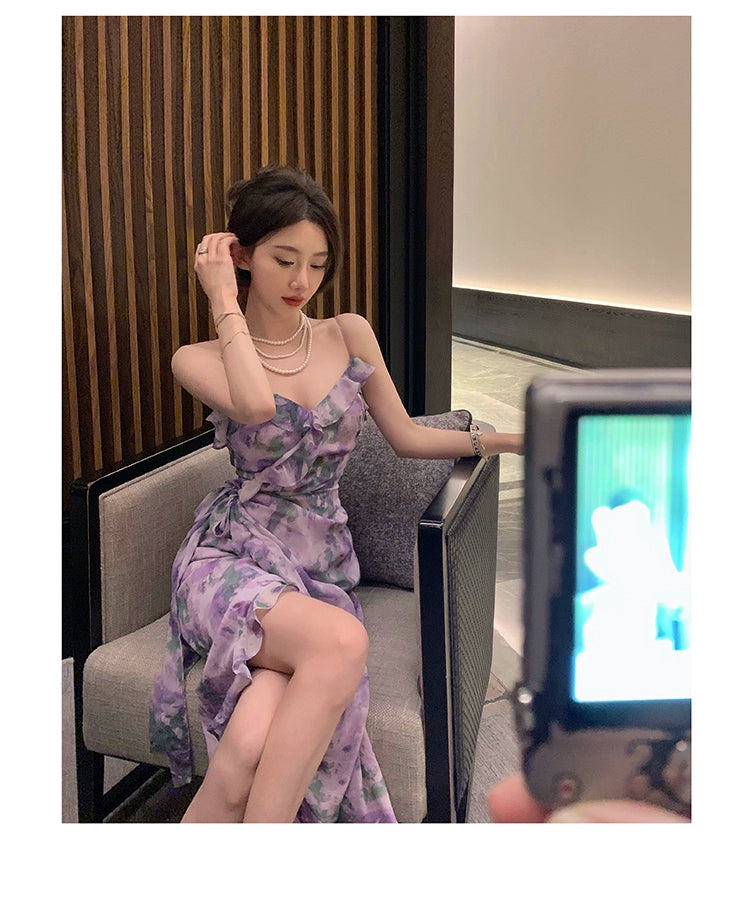 Fashion women's wear Purple Retro Irregular Yunnan Wear Travel Chiffon Floral Strap Dress Seaside Beach Skirt Summer