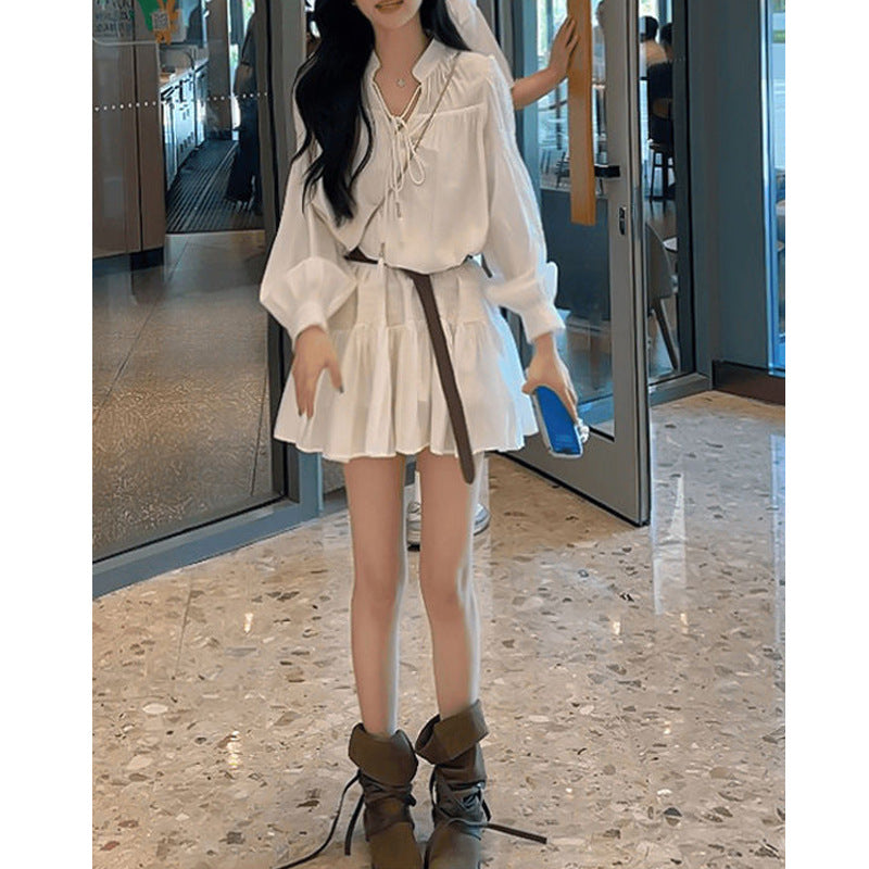 Dopamine dress Free shipping Tattoo MENGXIANG  Dopamine Dress White French Sweet Long Sleeve Dress Short Early Autumn New