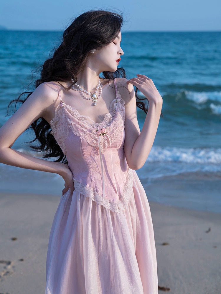 Fashion women's wear French Fried Street Tea Break Milk Sweet Escape Princess Dress Sweet Salt Pink Roses Pure Desire Beautiful Sling Dress