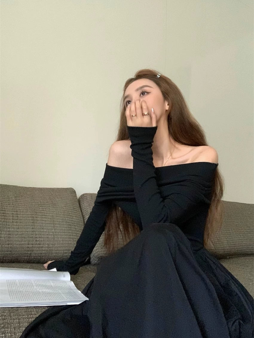 Fashion women's wear Retro Elegant off-Shoulder Long Sleeve Dress Women's Spring and Autumn 2024 New plus Size Plump Girls Waist-Tight A- line Long Skirt