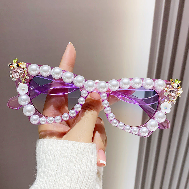 Women's fashion glasses 跨境镶珍珠太阳镜大框架舞会镶钻墨镜女沙滩太阳镜沙雕拍照眼镜
