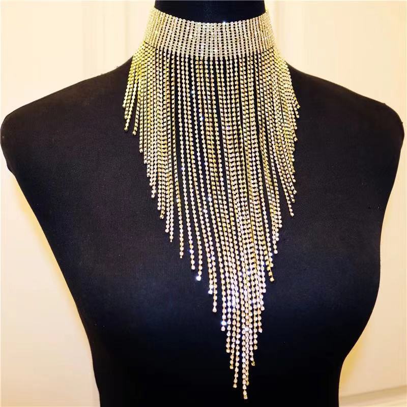 Fashion jewelry Europe and the United States selling long tassel necklace shiny rhinestone exaggerated necklace nightclub new factory direct supply wholesale.