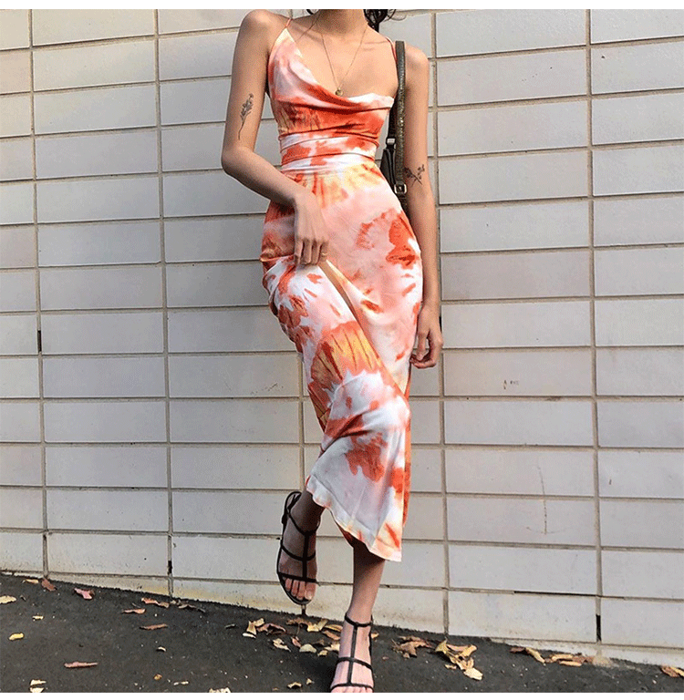 Fashion women's wear Tie-Dye Printed Sexy Back Cross Strap Mid-Length Sling Dress