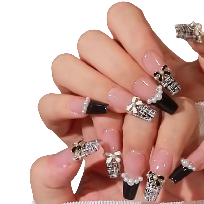 (Hand-made nail) French nail armor long black small fragrance simple white high-grade sense nail piece bride pregnant woman finished product.