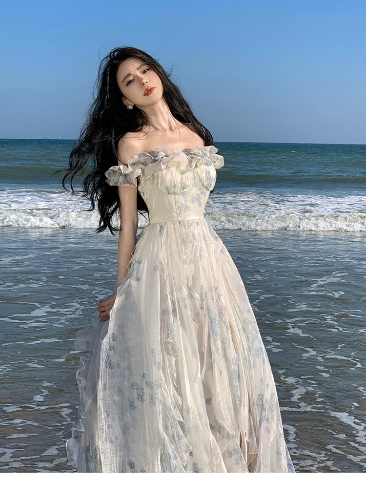 Fashion women's wear Seaside Vacation Style Suspender Skirt Yarn French Ruffled Beach Dress Atmosphere Long Skirt Elegant Fairy Style