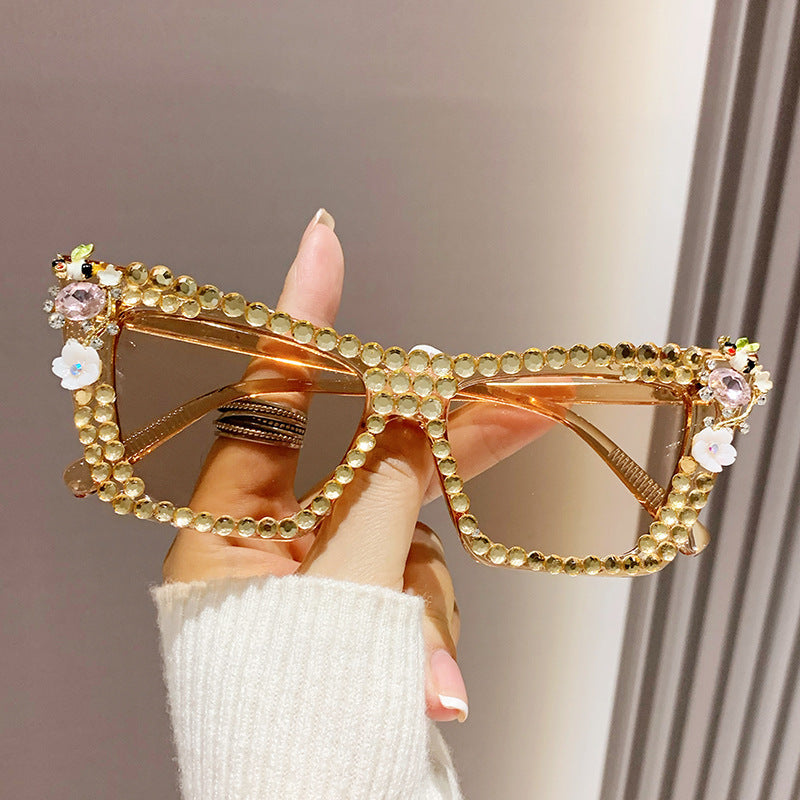 Women's fashion glasses 跨境新款镶钻太阳眼镜酷炫连体金属边朋克墨镜男欧美个性女搞怪