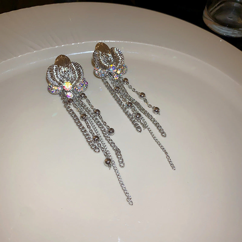 银针镶钻花朵流苏耳环欧美时尚设计感耳钉小众甜美高级感耳饰批发