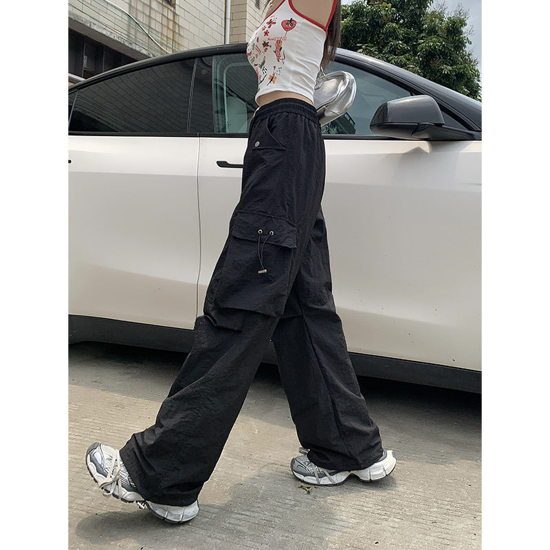 Dopamine pants Free shipping Tattoo Dopamine blue overalls women's summer American drawstring elastic waist casual pants sports tied feet wide-leg trousers