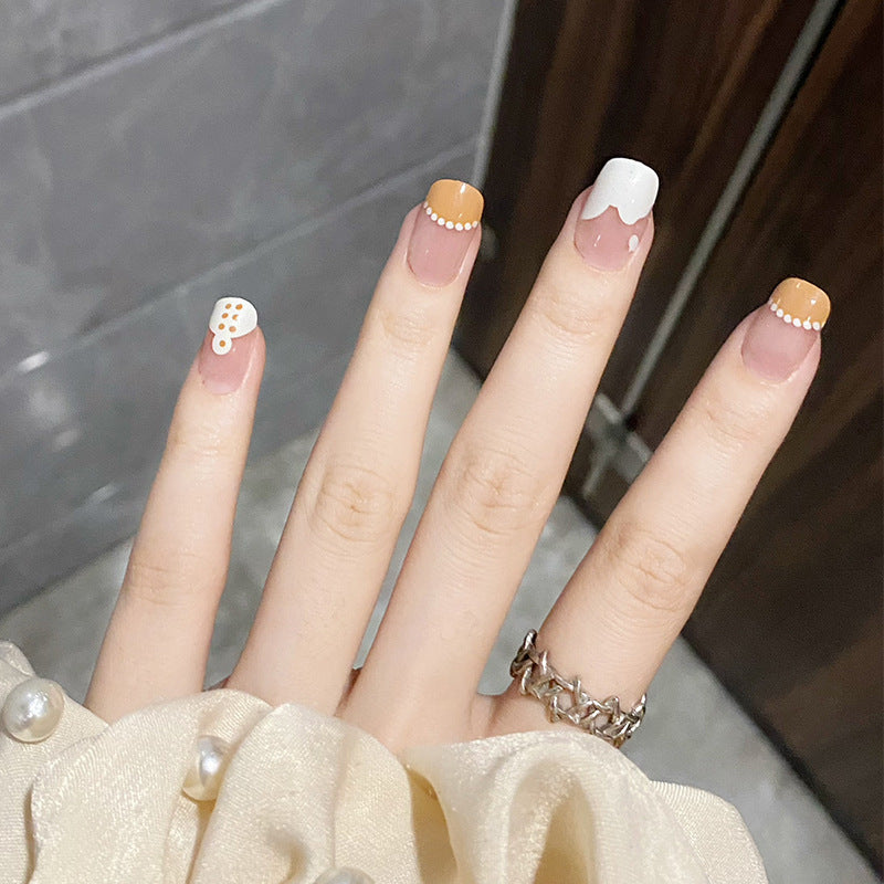 可爱点点穿戴甲流心结指甲贴片焦糖假指甲小清新美甲贴片成品甲片
