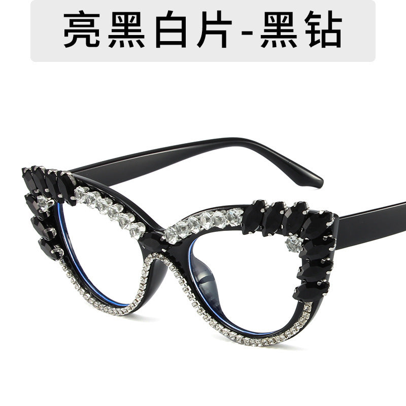 Women's fashion glasses 2023秋季新款欧美猫眼镶钻防蓝光平光镜跨境时尚网红 ins装饰眼镜