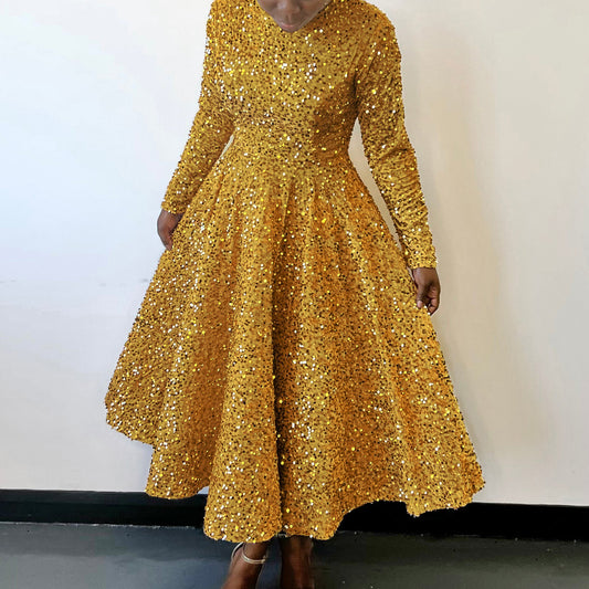 Fashion women's wear D469 Cross-Border New Arrival Women's round Neck Long Sleeve Pure Color Sequins High Waist Temperament Mid-Length Formal Dress European and American Style Dress