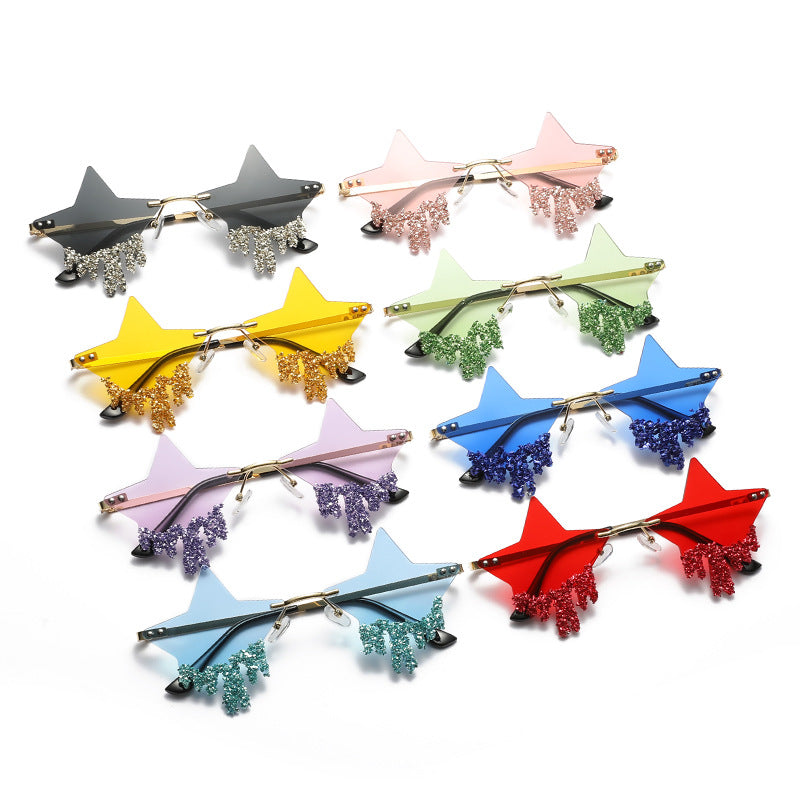 Women's fashion glasses 新款欧美五角星镶钻无框太阳镜女时尚个性夸张墨镜防紫外线