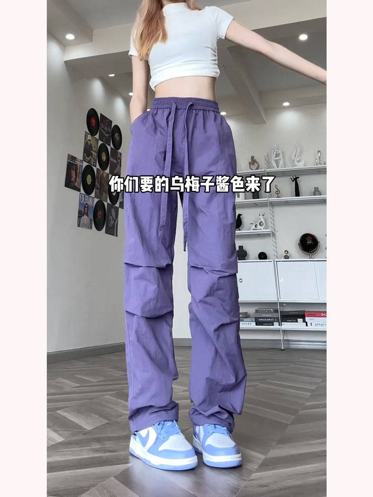 Free shipping  quick-drying pants casual pants female paratrooper pants thin straight-leg pants drape purple dopamine cargo pants