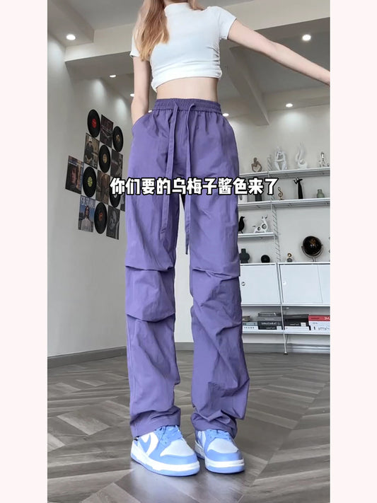 Free shipping  quick-drying pants casual pants female paratrooper pants thin straight-leg pants drape purple dopamine cargo pants