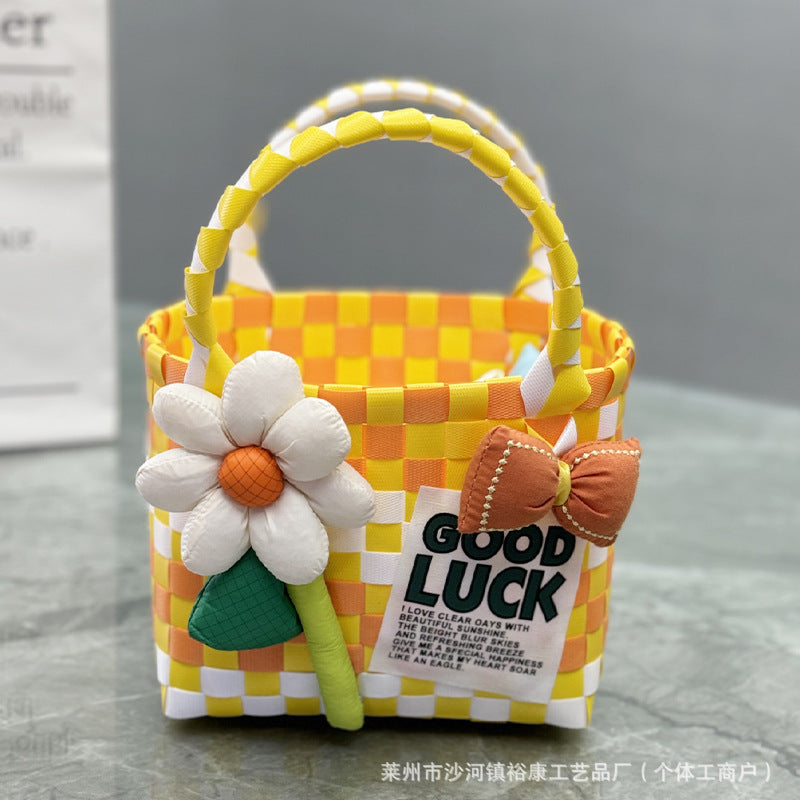 Dopamine Bag Free shipping Tattoo Cartoon dopamine plastic woven bag, trendy macaron hand-woven vegetable basket bag, cute casual seaside beach bag