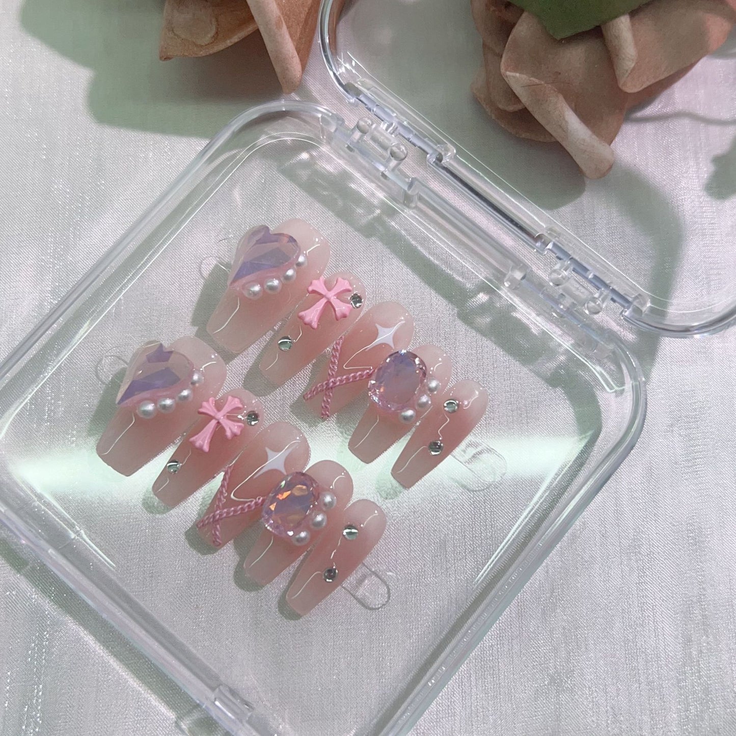 (Hand-Made Nail) Pure Desire Clear Feeling Gentle Fairy Girl Pile Rhinestone Nail Stickers Fake Nail Patch Wear Nail Tip Finished Product Detachable