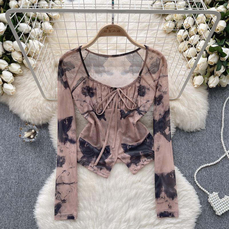 Dopamine tops Free shipping Tattoo Sweet and cool Spice Girl Style Tulle Floral Shirt Women's Autumn Strap Exposed Navel Design Sense Skinny Unique Pure Desire Top Trend