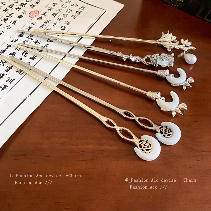 头饰发簪新中式月亮花朵珍珠发簪复古小众气质盘发发杈古风百搭发饰批发女
