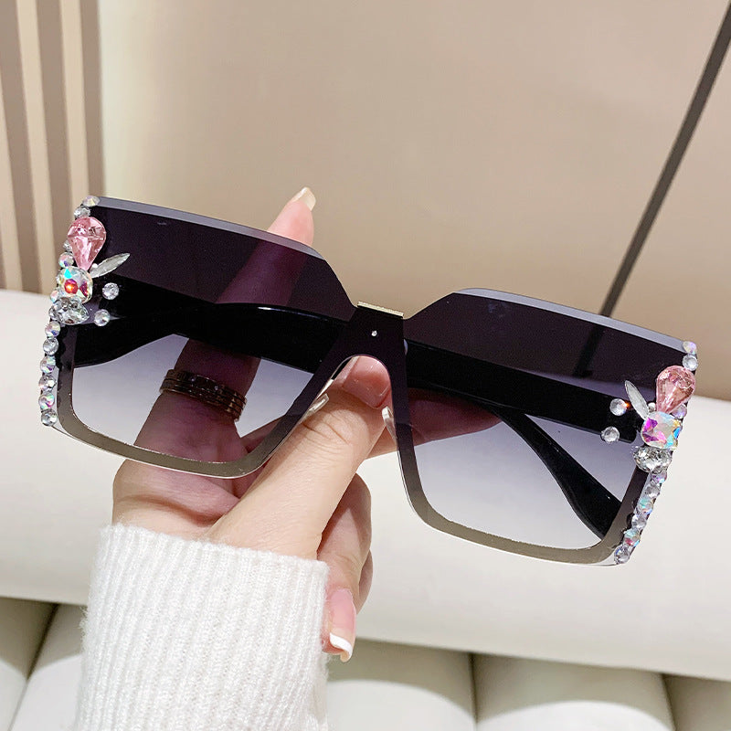 Women's fashion glasses 新款欧美半框闪耀水钻时尚连体太阳镜素颜女式墨镜简约潮流太阳镜