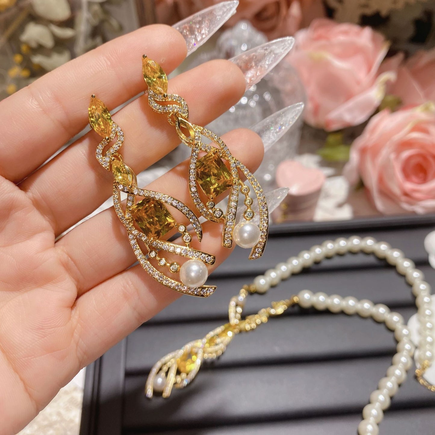 珠宝首饰山茶奢华典雅时尚OL多切面彩宝锆花儚套装  长款金枝玉叶项链耳坠