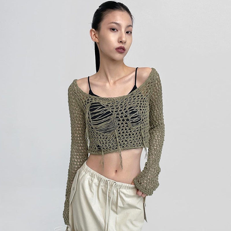 Fashion women's wear  Women's Clothing 2024 New Woolen Blouse Broken Hole Design Sexy Hot Girl Style Short Long Sleeve Top Wholesale