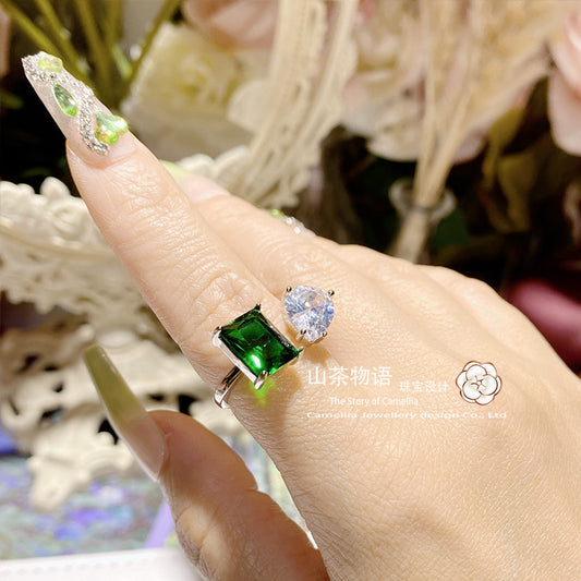 Camellia抖音引流爆款镀s925银高碳钻戒指绿尖晶方形花切彩宝指环