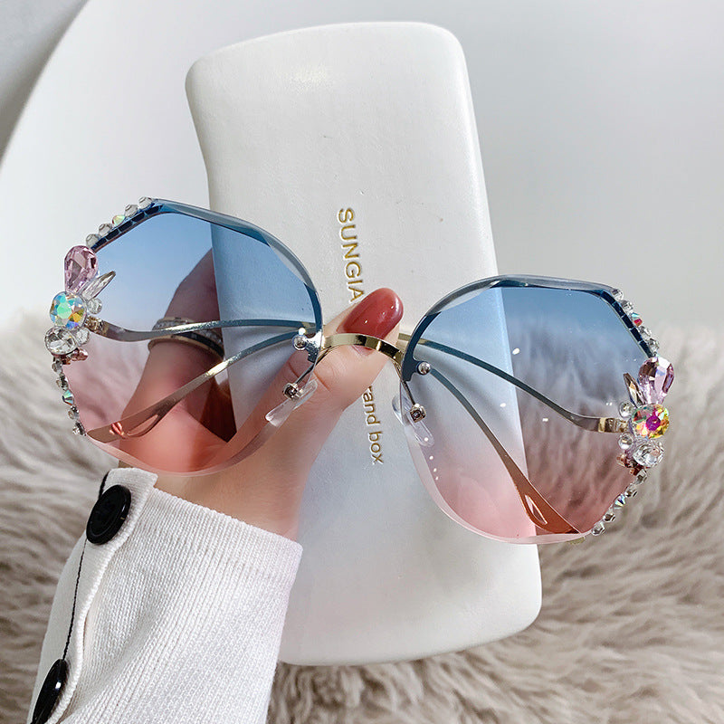 Women's fashion glasses 2024大框跨境韩版水钻太阳眼镜防紫外线水晶墨镜镶钻小香风眼镜女