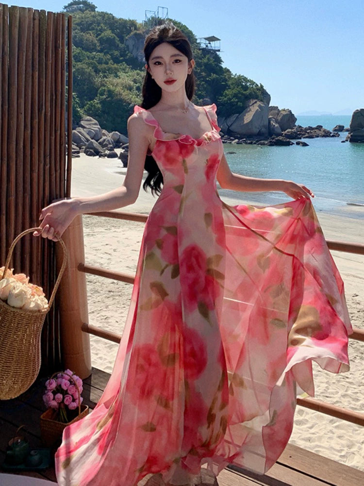 Fashion women's wear Tea Break French Chiffon Sling Dress Fairy Summer Sanya Seaside Vacation Beach Swing Long Dress Elegant