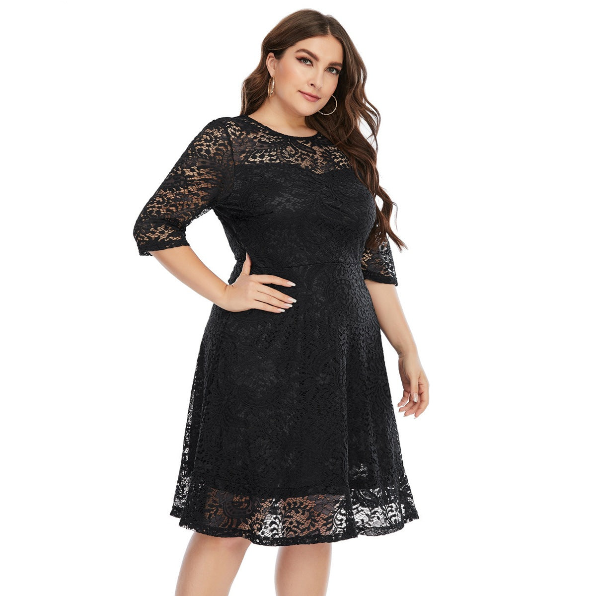 Fashion women's wear 2024   plus Size Women's Clothes round Neck Lace Mid-Length Formal Dress Dress Sq0156
