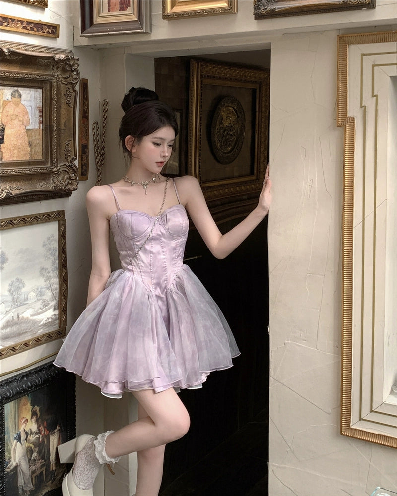 Fashion women's wear Tea Break French Style Fishbone Sling Dress Fairy Birthday Dinner Suit Disney Princess on the Run Bubble Skirt