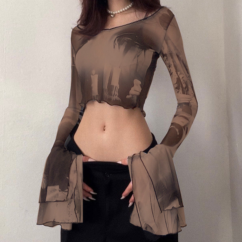 Fashion women's wear Q22tp146 Summer New 2024 Printed round Neck Pullover Horn Long Sleeves Cropped Casual   Women's Clothing Top