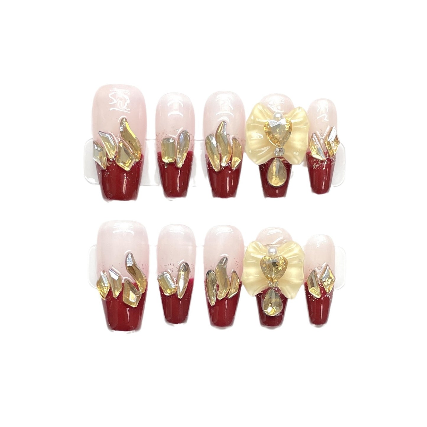 (Hand-Made Nail) Rose Forest Golden Feather Colored Glaze Wear Nail Long French Nail Sticker Finished Product High-Grade White with Diamond Manicure