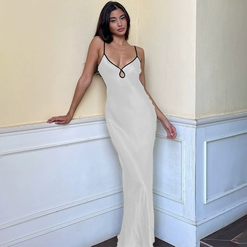 Fashion women's wear High-Grade Solid Color Satin Sling Dress Special-Interest Design French Style Temperament Hot Girl Seaside Vacation Slim Fit Long Dress