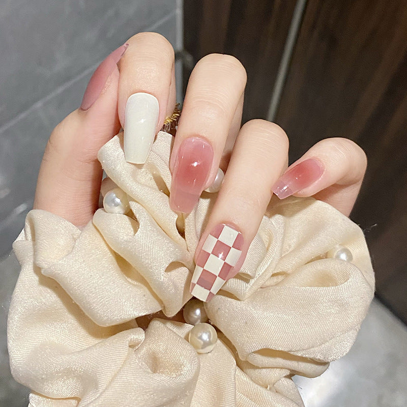 奶白棋盘格穿戴甲腮红指甲贴片芭蕾甲美甲片假指甲美甲贴成品甲片