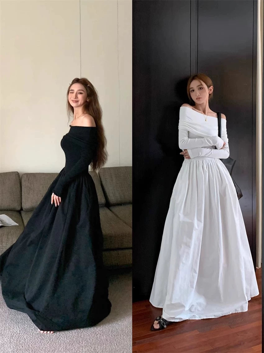 Fashion women's wear Retro Elegant off-Shoulder Long Sleeve Dress Women's Spring and Autumn 2024 New plus Size Plump Girls Waist-Tight A- line Long Skirt